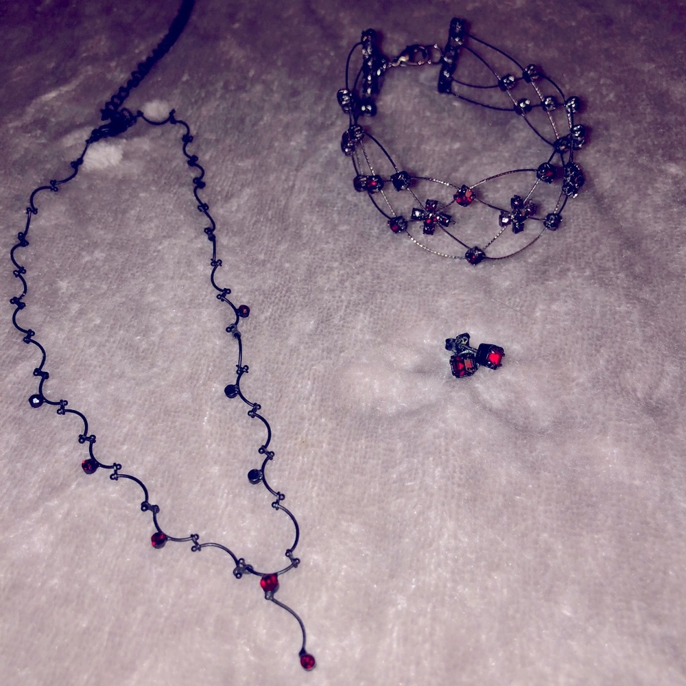 Black with Red Rhinestones Jewelry Set